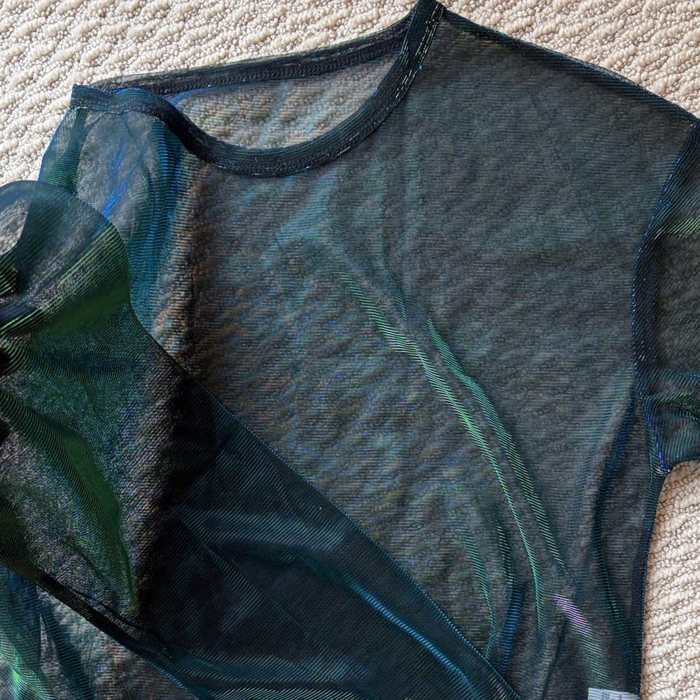 Sheer Iridescent Mesh Long Sleeve - Black/Green and Teal Shimmer